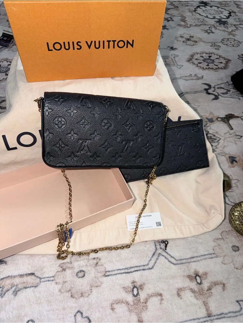 Louis Vuitton Black Embossed Monogram Wallet & Card Holder crossbody Felicia.
